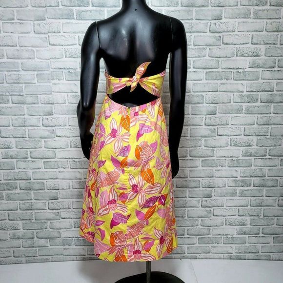 90s Lilly Pulitzer Womens 2 Floral Parrot Pattern Strapless Tie Back Midi Dress - Picture 5 of 7
